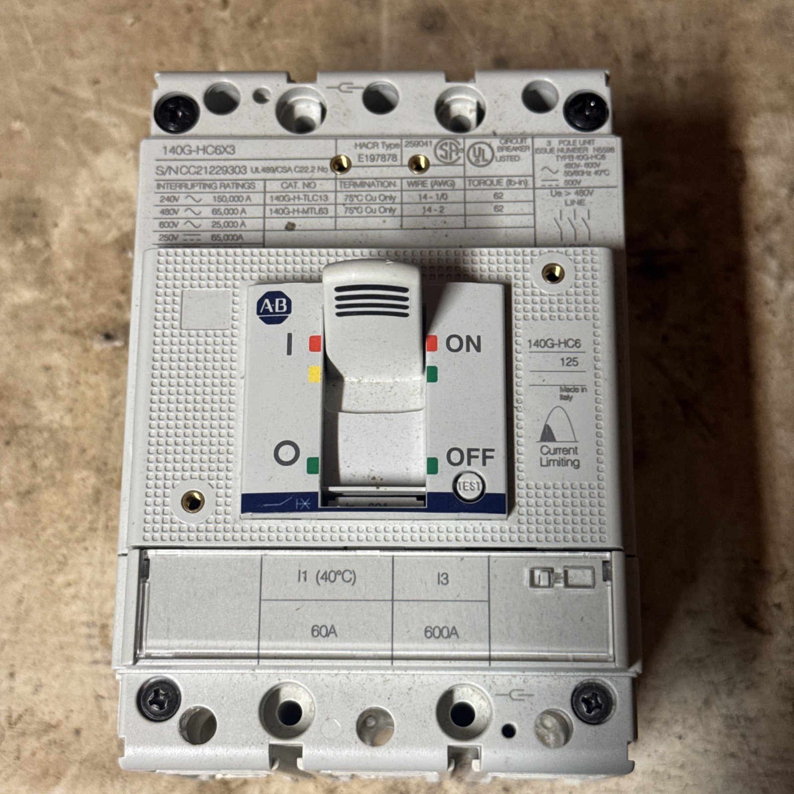 NEW ALLEN BRADLEY 140G-HC6C3-C60 CIRCUIT BREAKER 60A 3P 480V-600Y/347V 50/60HZ