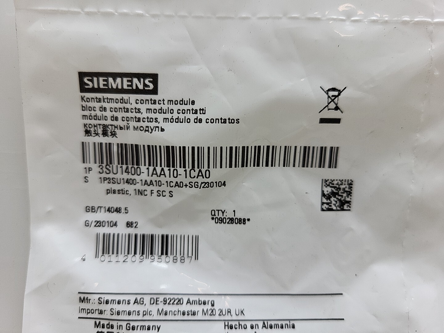2 Pk Siemens 3SU1400-1AA10-1CA0 Contact Block SPST-NC Screw Terminal Front Mount
