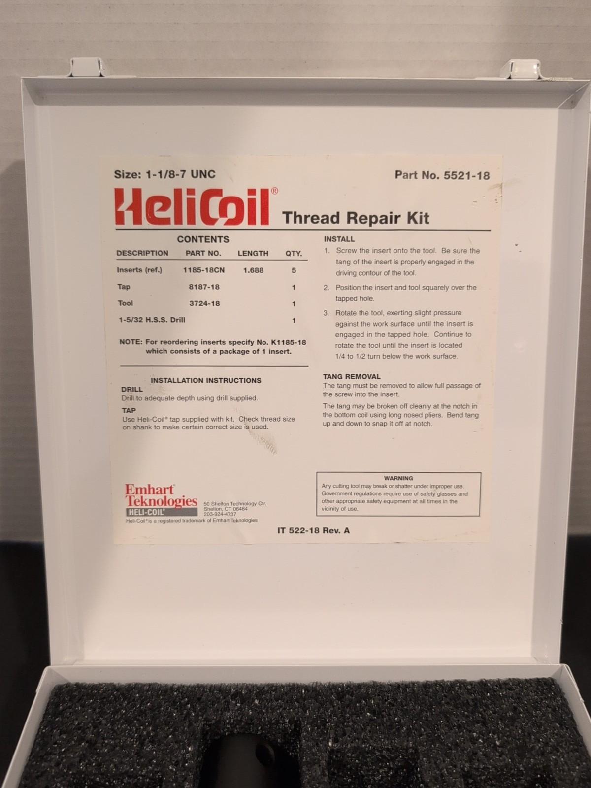 HeilCoil Size 1- 1/8-7 “Missing Inserts”