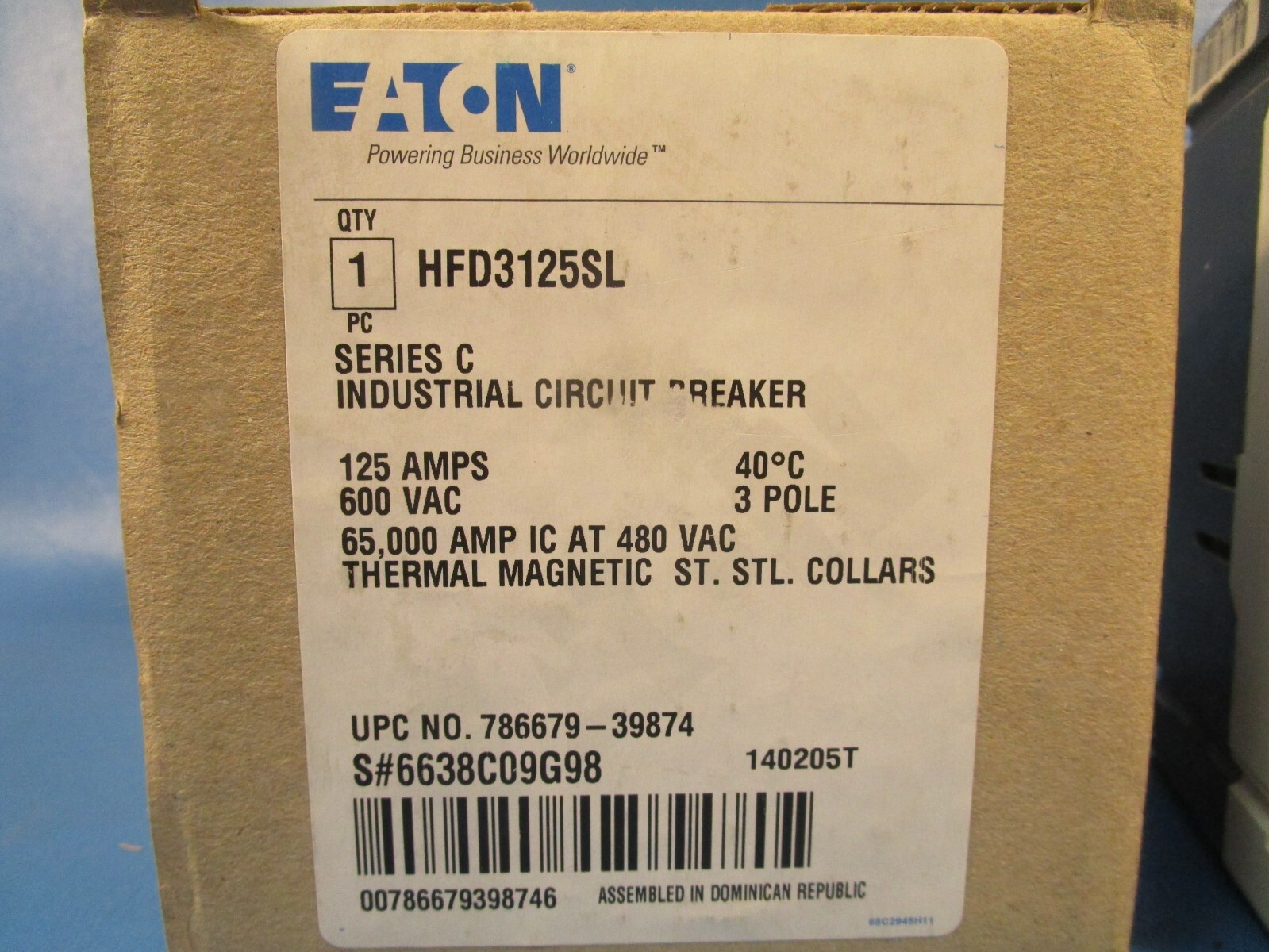 Eaton HFD3125SL, Molded Case Breakers (MCCBs) HFD 3P 125A 600V 50/60Hz 3Ph F Fra