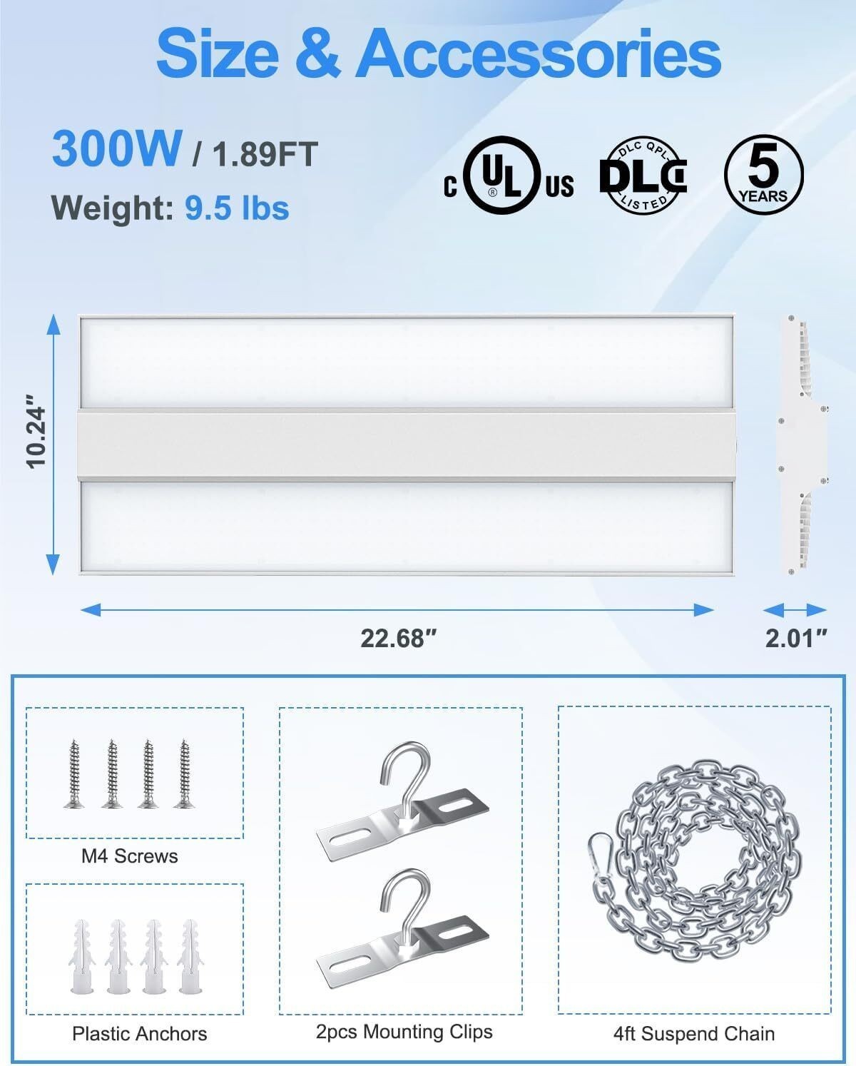 300W LED Linear High Bay Light Warehouse Garage Shop Fixture 4.5K/5K/5.7K CCT