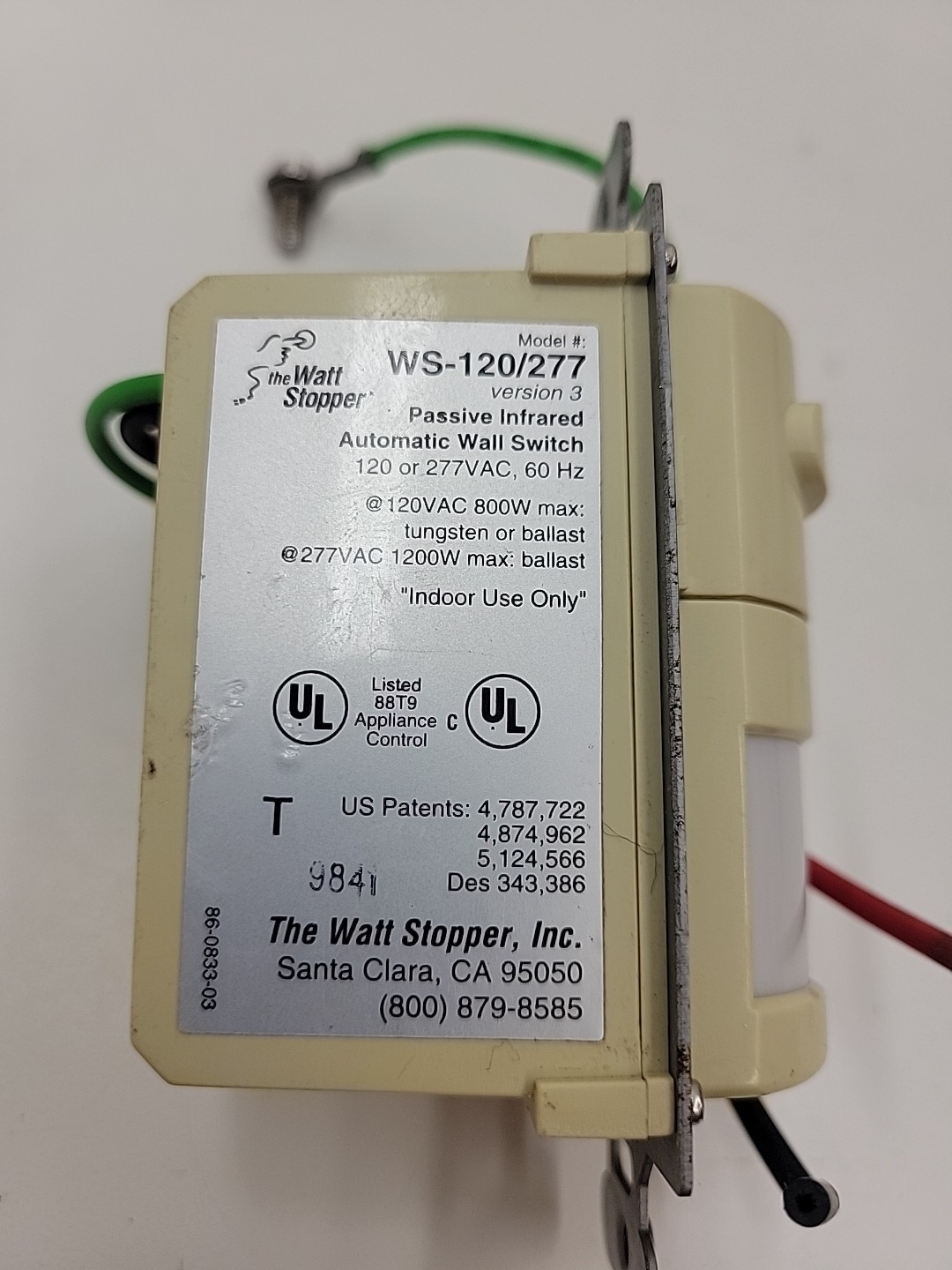 Watt Stopper WS-120/277 Automated Wall Switch 120-277 VAC 60 Hz Ivory Open Box