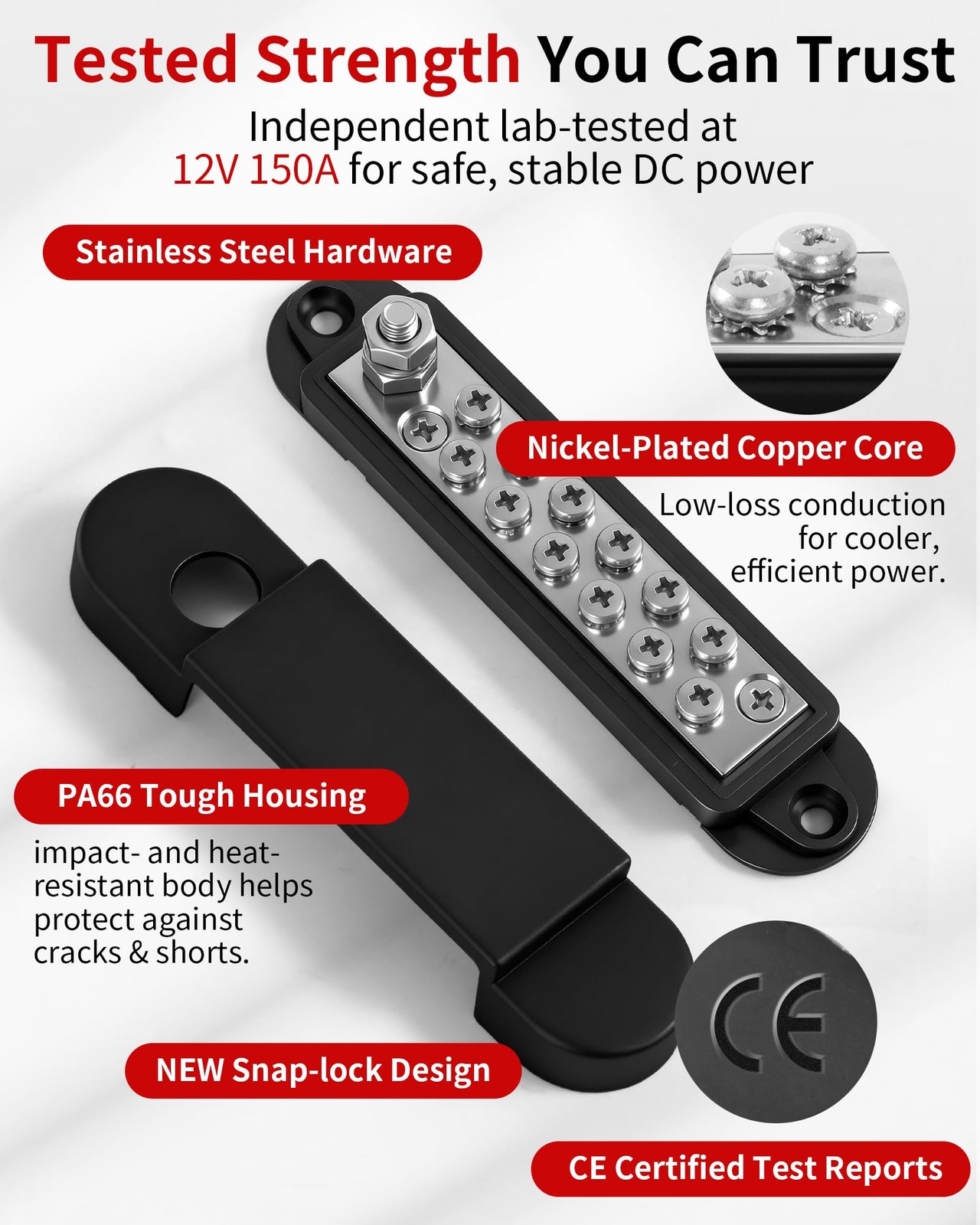 Avelis Bus Bar 12V 150A Power Distribution Block, 1/4 in Stud Red & Black