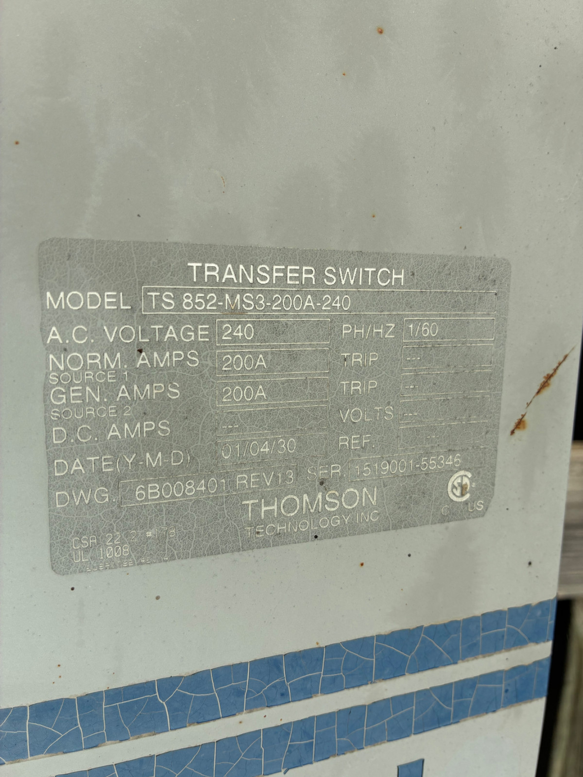 Thomson TS852-MS3 200A Automatic Transfer Switch 240V Generator ATS TSC800