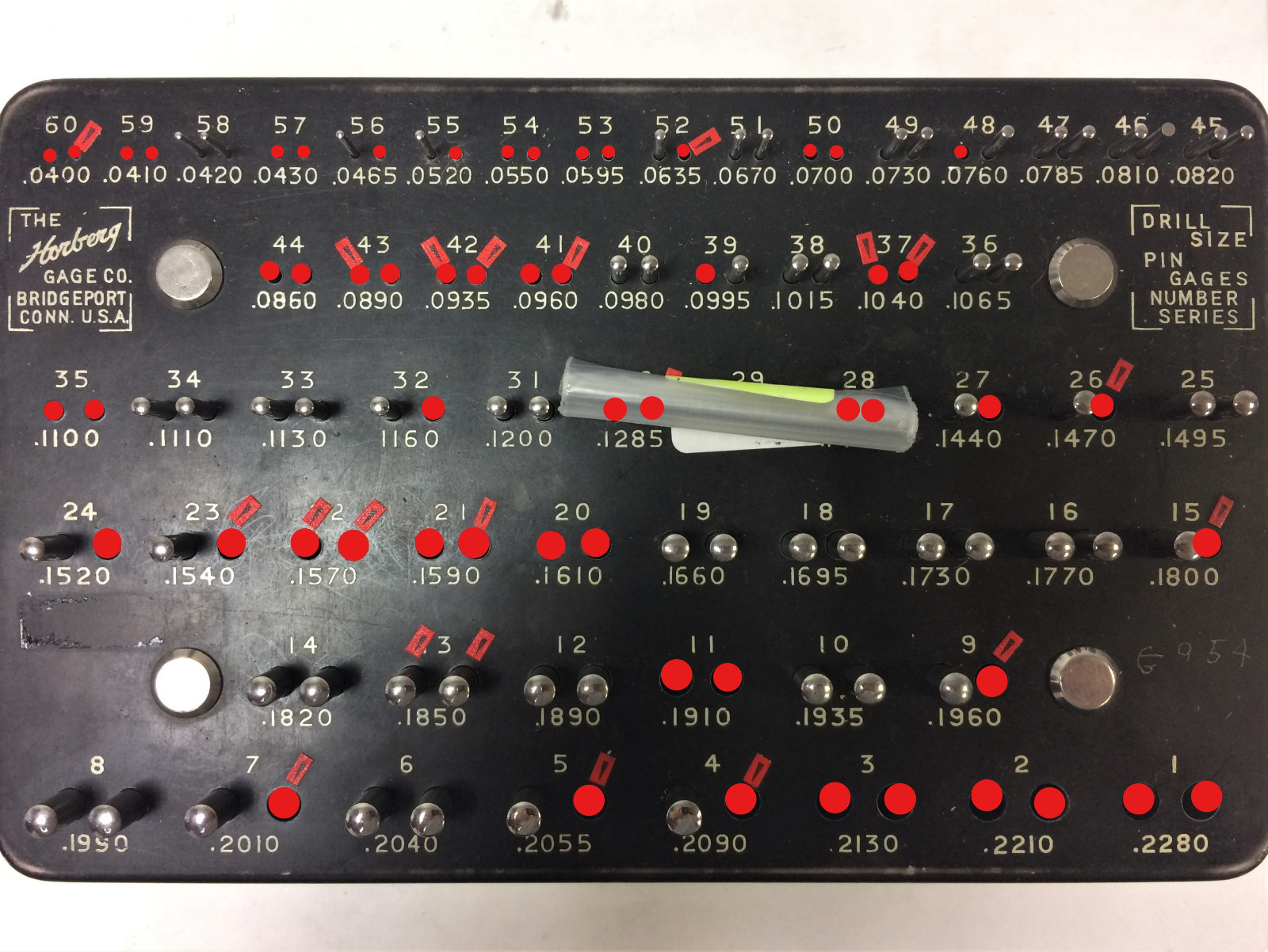 HORBERG GAGE CO. DRILL SIZE PIN GAGES INCOMPLETE NUMBER SET (.0400″-.2280″)