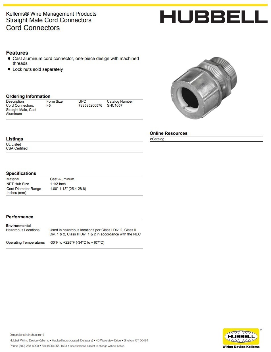 Hubbell SHC1057 Liquid Tight Connector 1-1/2 In Cord Grip Cable Gland 1.5 NPT