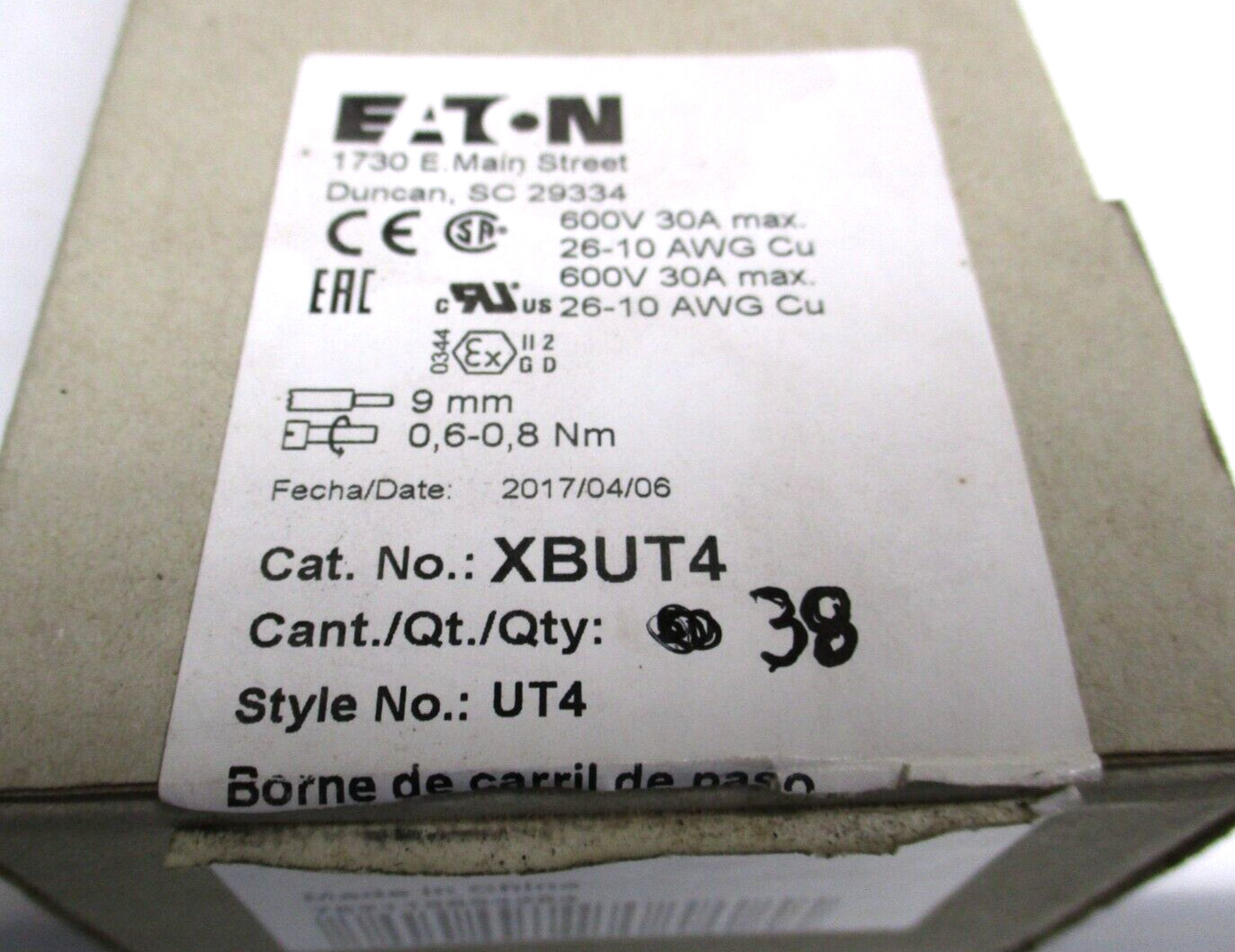 EATON , XBUT4 , TERMINAL BLOCKS , 600V-30A MAX , 26-10 AWG Cu , LOT OF 38