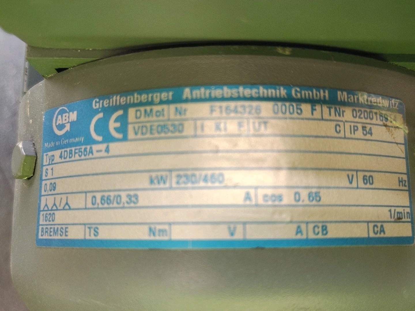 ABM Motor Typ. 4DBF56A-4 .09kW IP 54 UT C 239/460 VOLT BREMSE Brake S1 1620