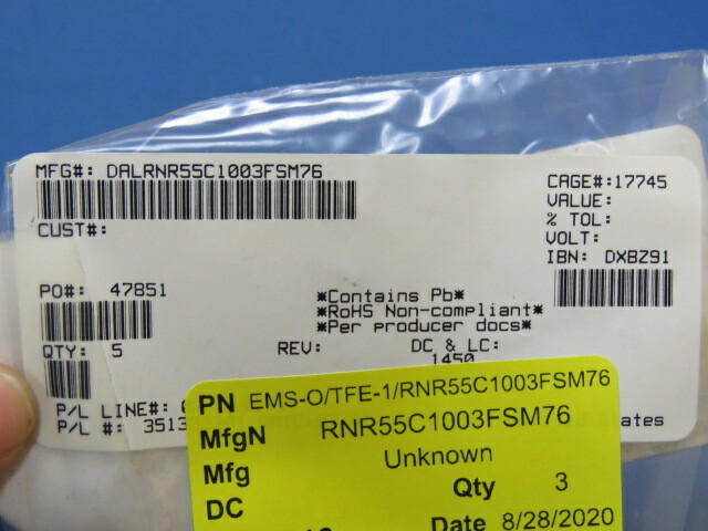 DALE/ VISHAY RNR55C1003FSM76 Qty of 1 per Lot RESISTOR,METAL FILM,0.1W,1%,50ppm