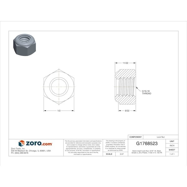 Nylon Insert Lock Nut, 5/16″-18, Steel, Grade 2, Zinc Plated, 11/32 In Ht, 100