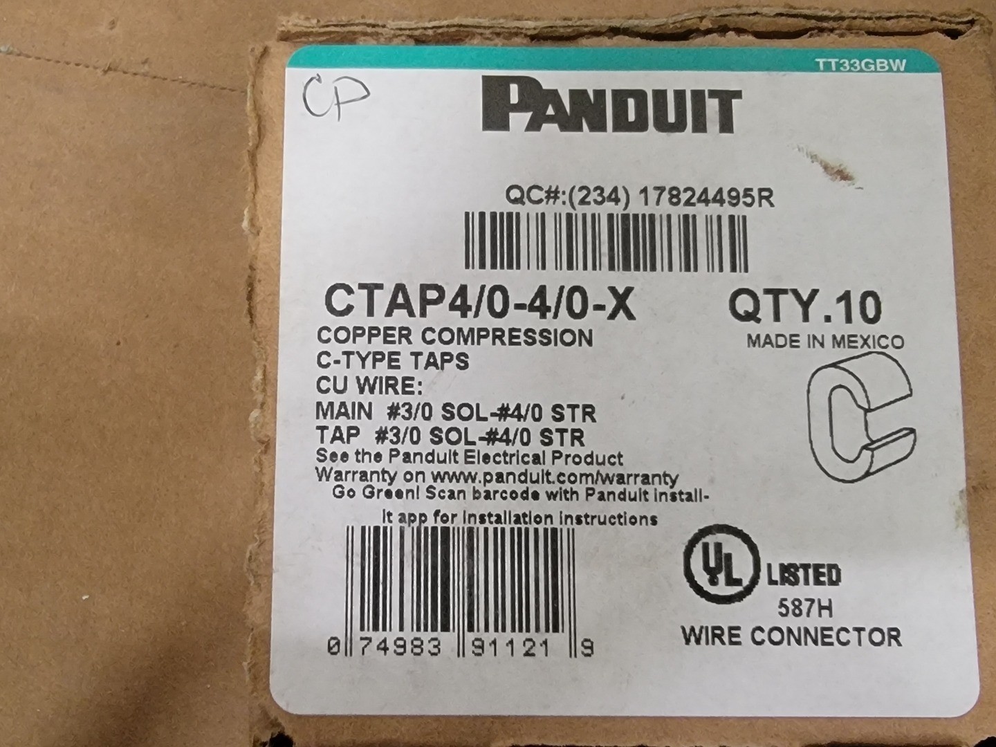 SURPLUS NEW PANDUIT CTAP4/0-4/0-X Copper Compression C-Type Tap (Box of 10)
