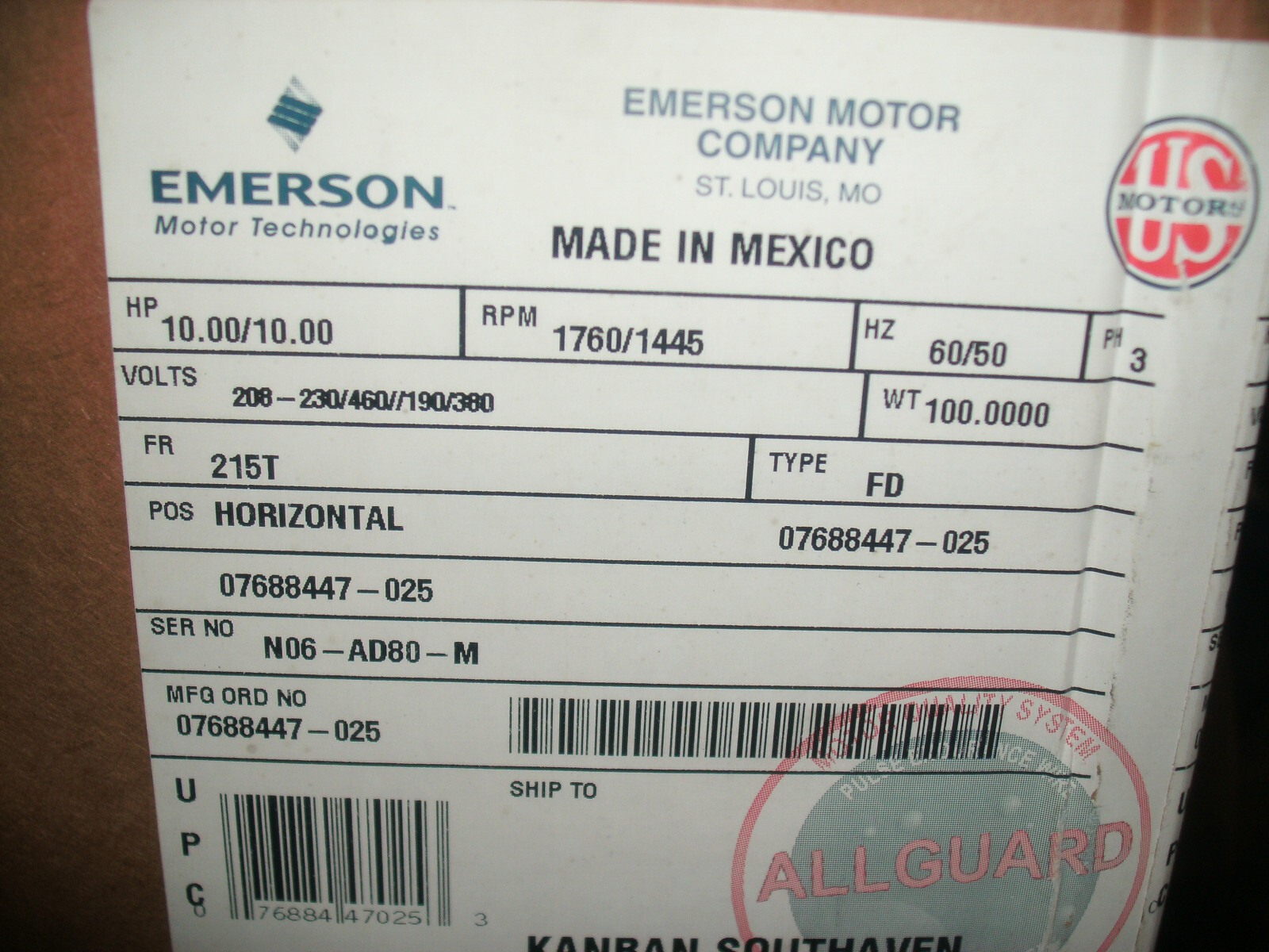 EMERSON/US MOTORS D10E2D ELECTRIC MOTOR 10 HP 1760/1445 RPM 3 PH 230/460