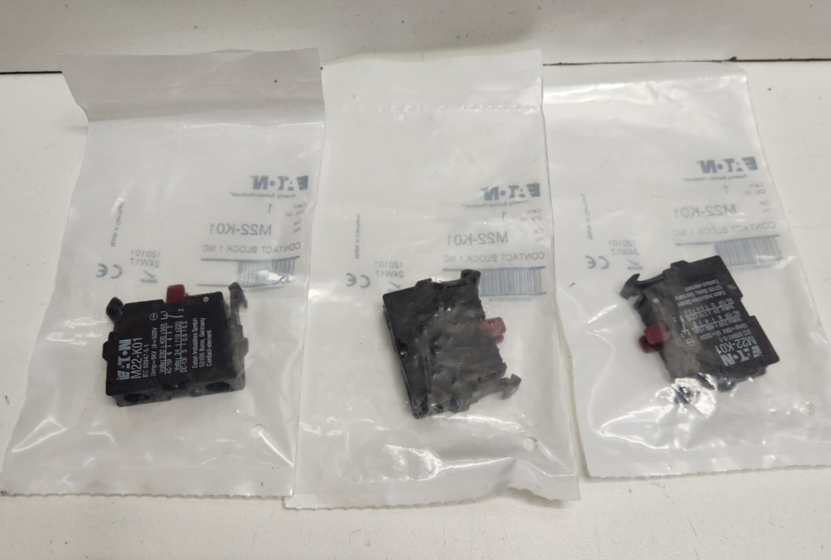 LOT OF 3 NEW IN BAG! EATON 6A 500V 1N.C. CONTACT BLOCKS M22-K01