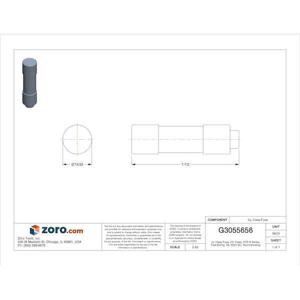 Eaton Bussmann Ktk-R-3 Cc Class, Fast-Acting, 3A, 600V Ac, Non-Indicating