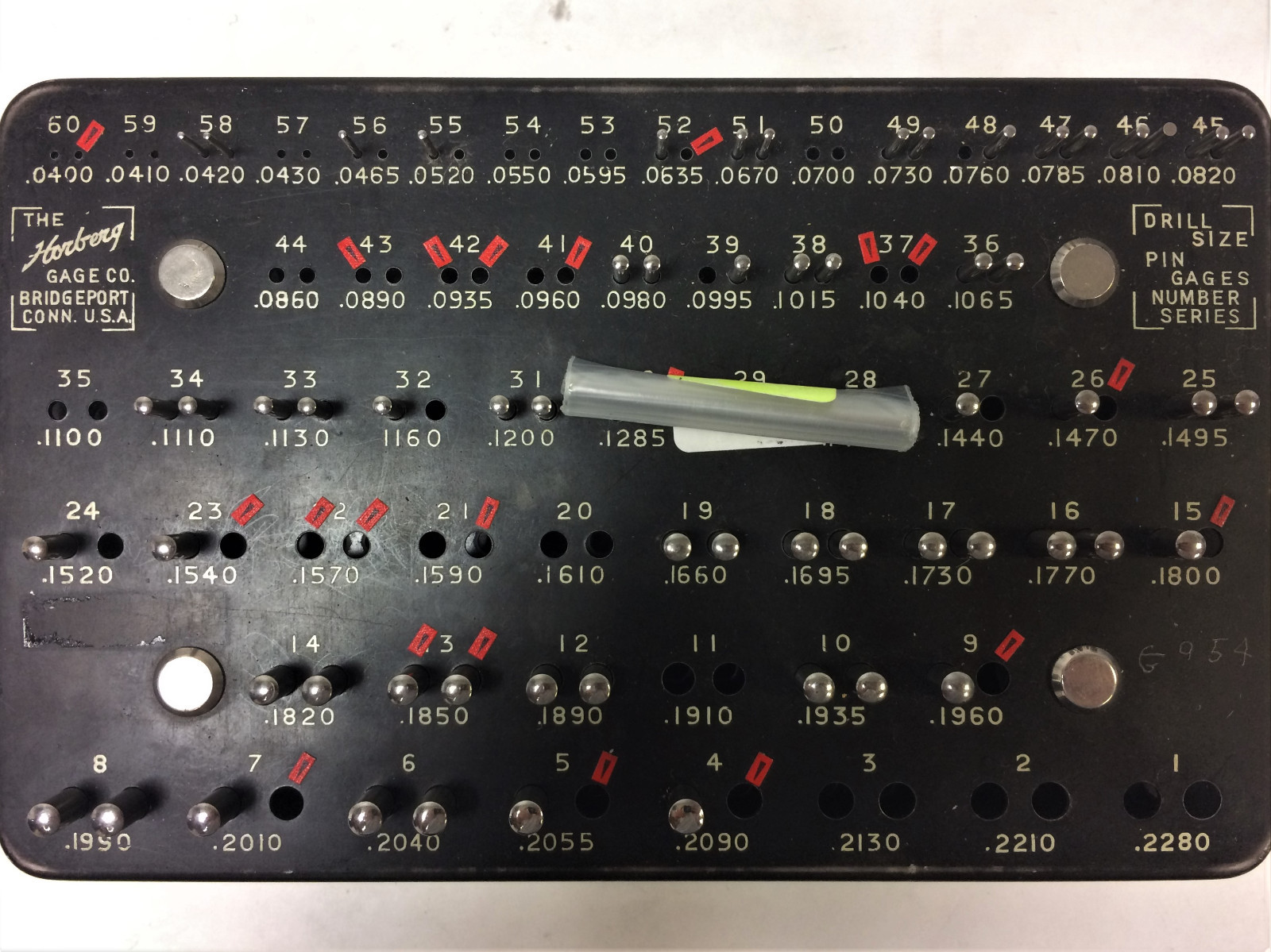 HORBERG GAGE CO. DRILL SIZE PIN GAGES INCOMPLETE NUMBER SET (.0400″-.2280″)