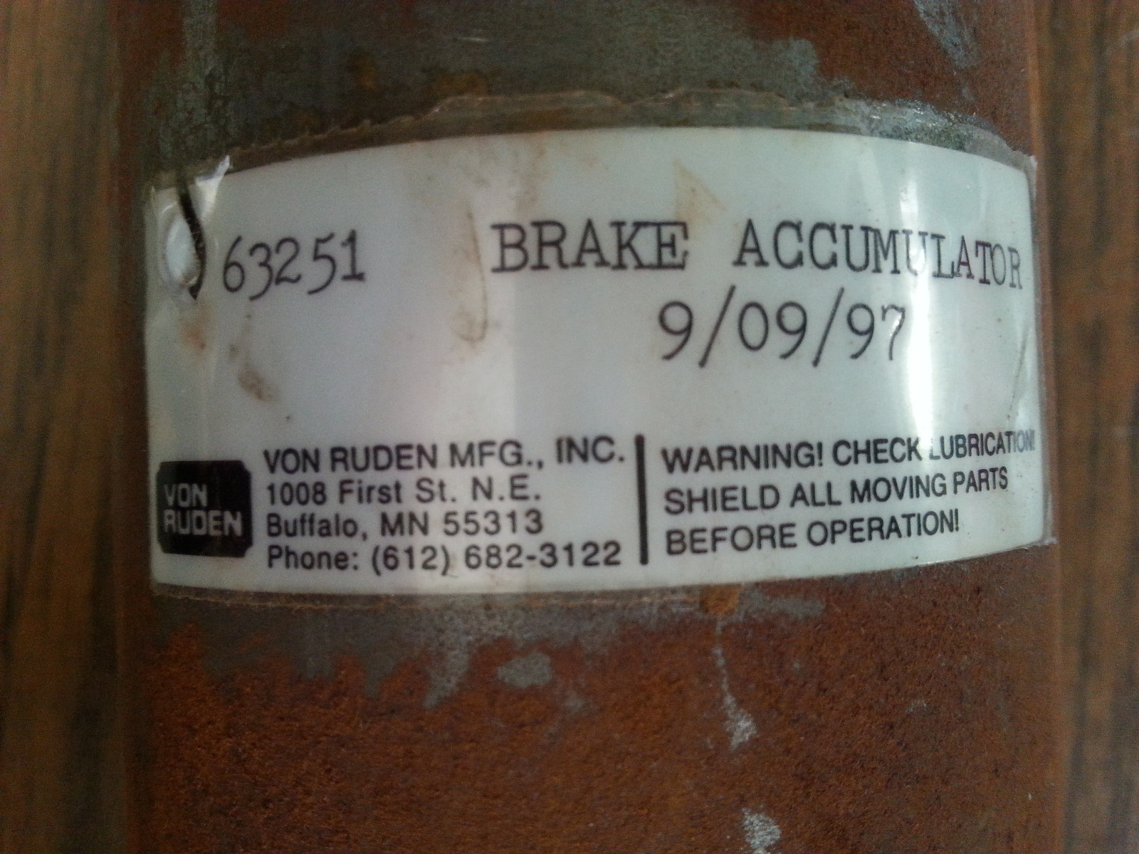 VON RUDEN HYDRAULIC BRAKE ACCUMULATOR 63251 PART NUMBER 2920-204-8897