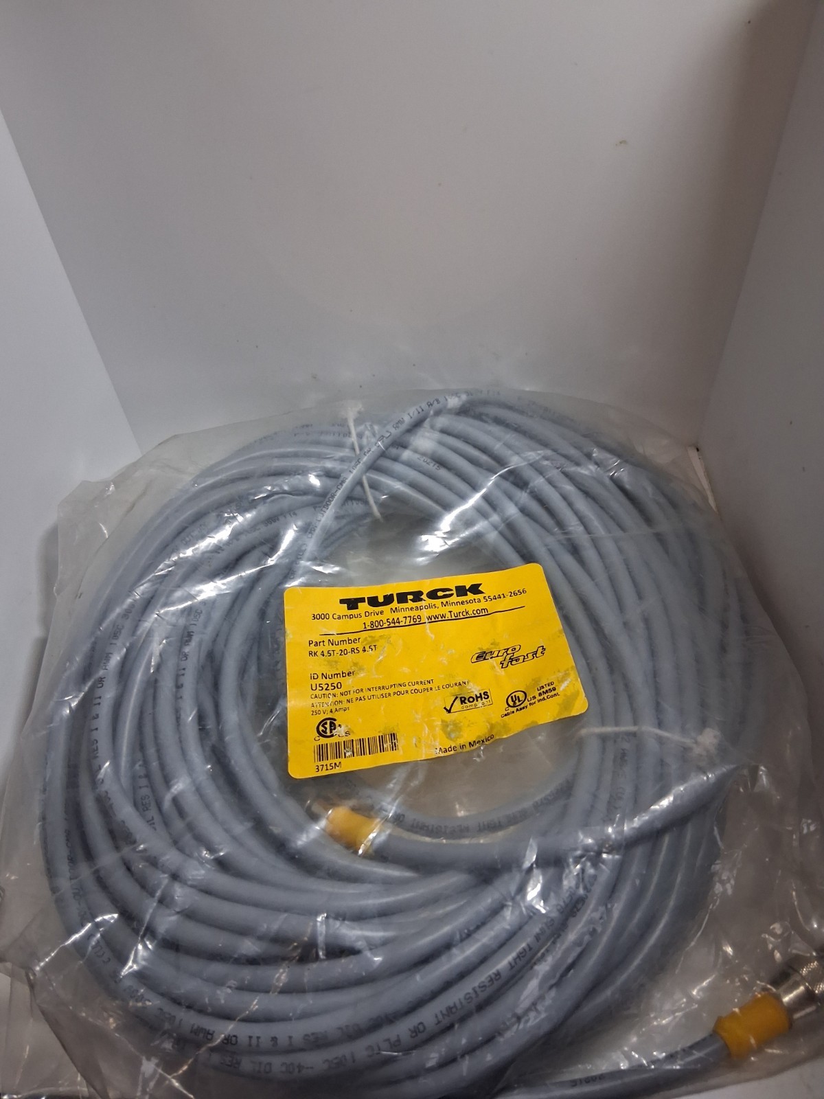 TURCK RK 4.5T-20-RS 4.5T (U5250) CORDSET EUROFAST 250V 4 AMPS 5 PIN MALE/FEM NIB