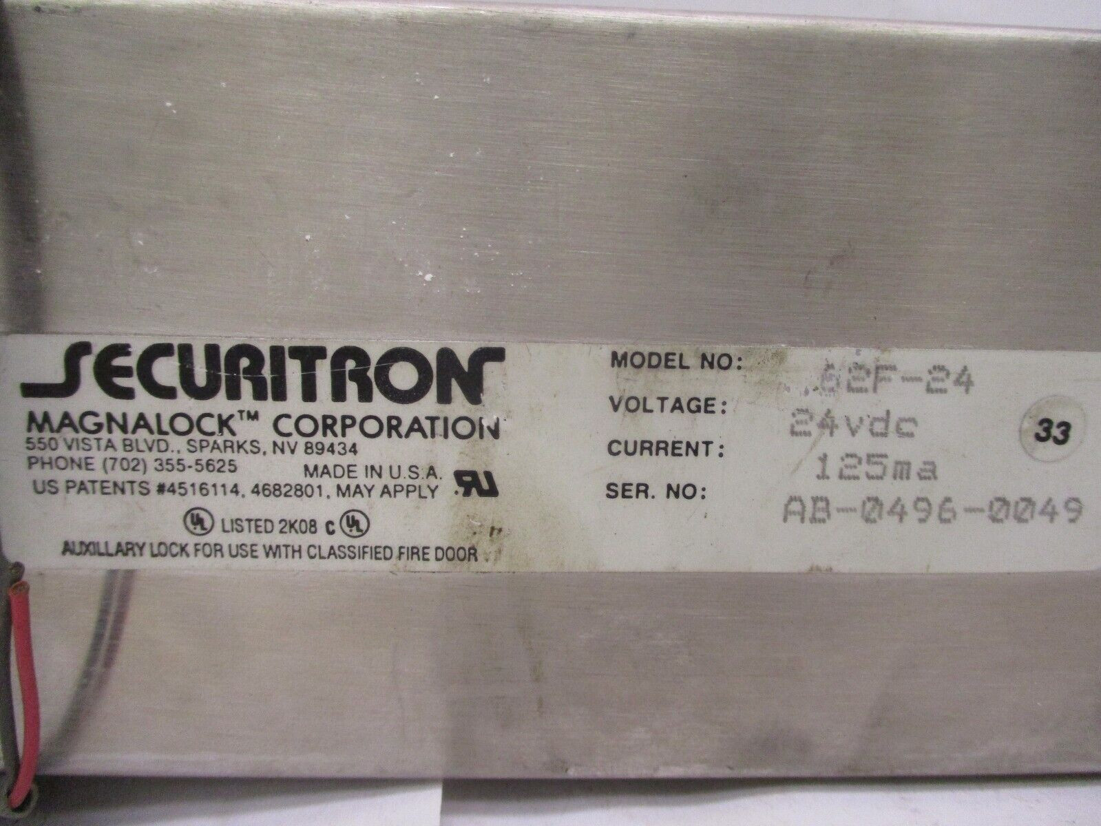 Securitron M62F-24 Magnalock Listed 2K08C Auxiliary Lock 24VDC A5785LR