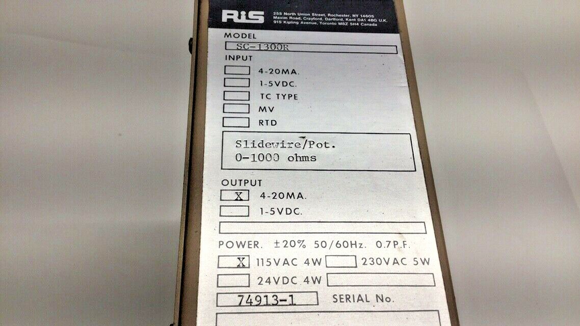 RIS SC-1300R Used Slidewire Transmitter 0-1000ohms 4-20MA 115VAC