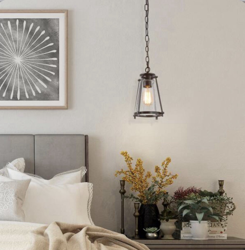 LNC A03628 Farmhouse 1-Light Oil Rubbed Bronze Seeded Glass Pendant Light Open B