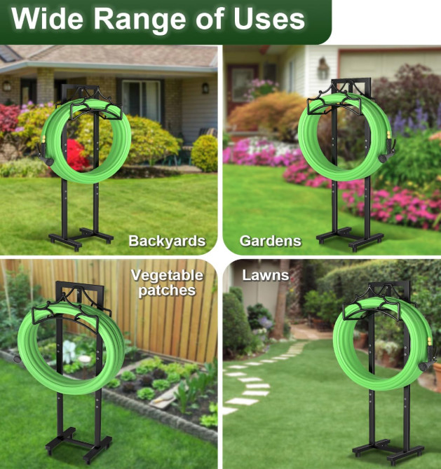 Soporte de manguera de jardín con 4 estacas, metálico y desmontable, color negro