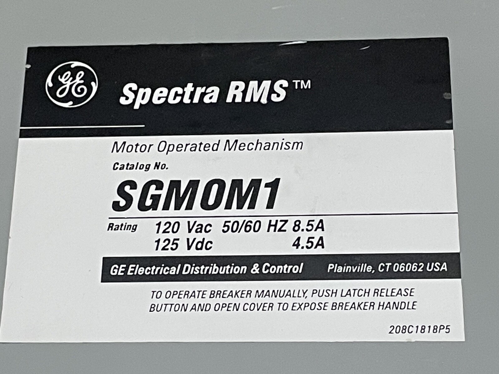 GE Spectra RMS SGM0M1 Motor Operated Mechanism 120-VAC/125-VDC SGMOM1