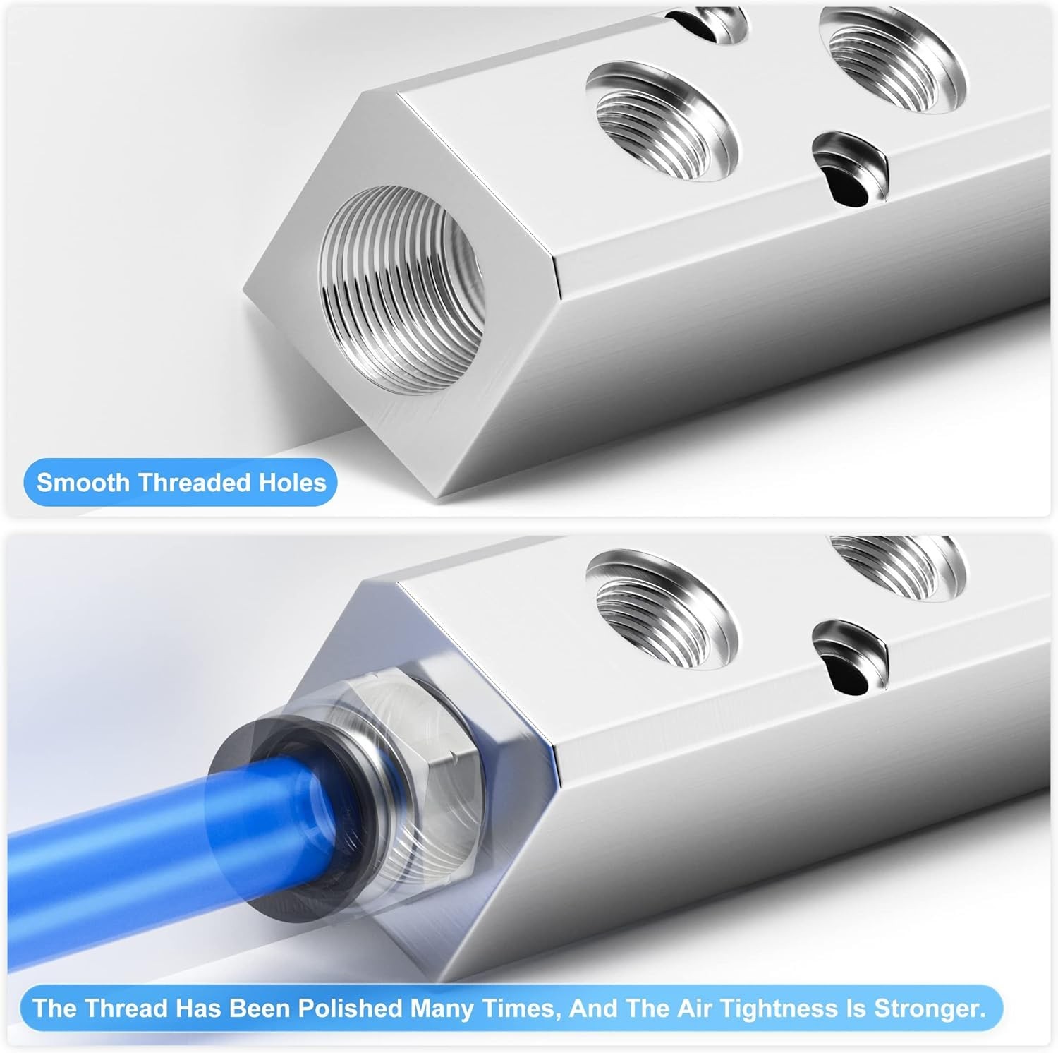 Silver 1/2 Inch 1/4 Inch NPT Output 5 Way Aluminum Pneumatic Manifold Block