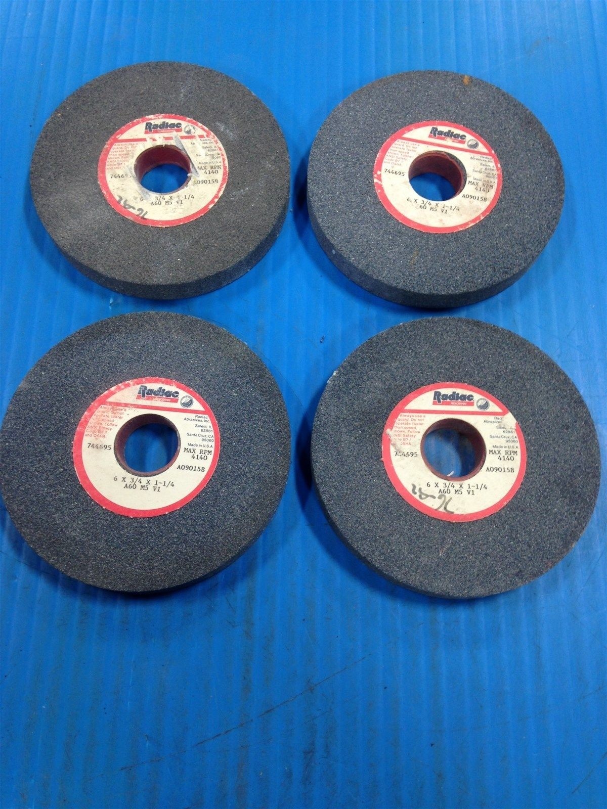 LOT OF 4 NEW RADIAC BENCH GRINDER WHEEL 6 X 3/4 X 1-1/4 A60 M5 V1 (P3)