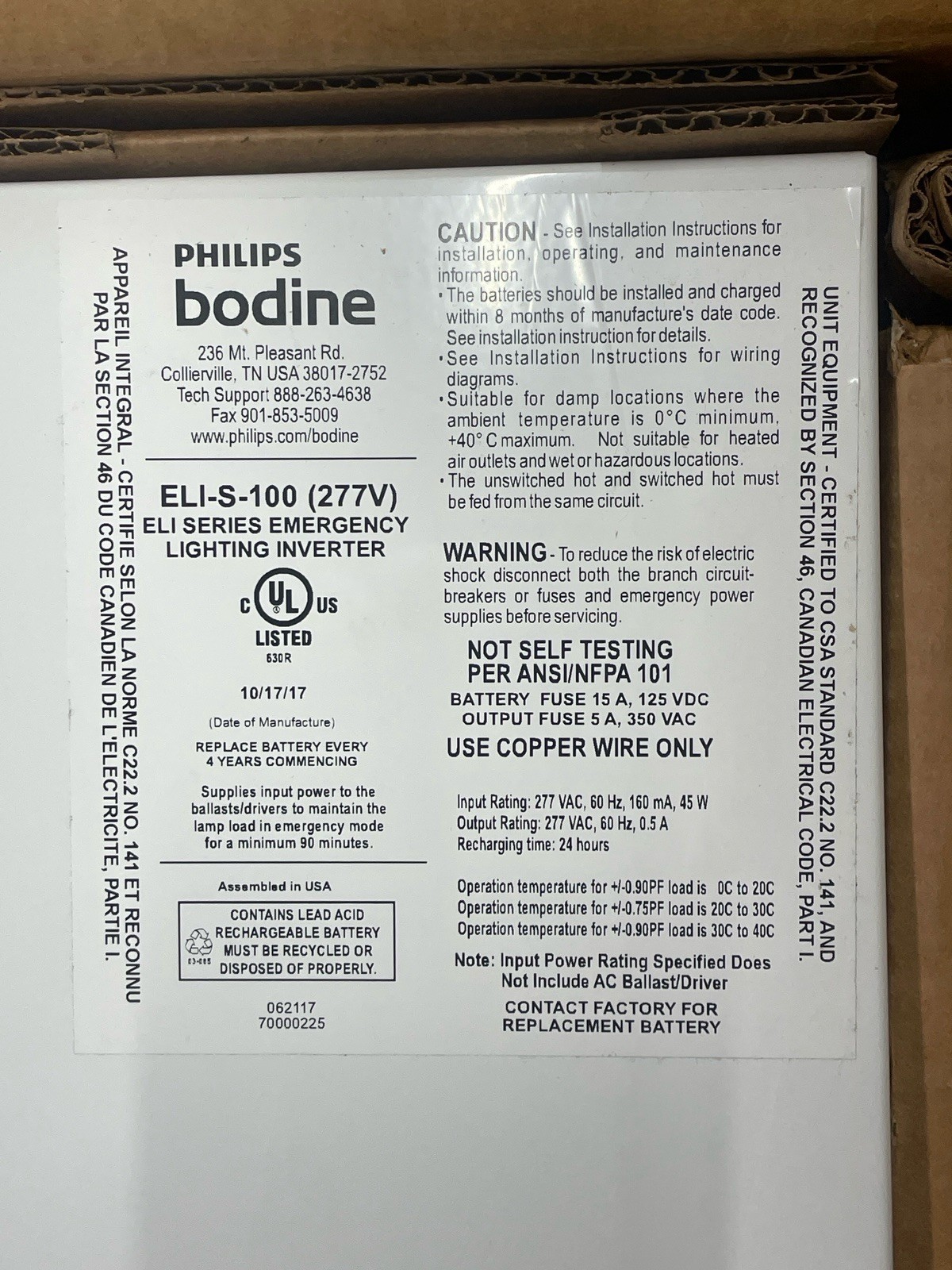 Phillips Bodine ELI-S-100-277V EM Lighting Inverter Open Box New w/ Battery