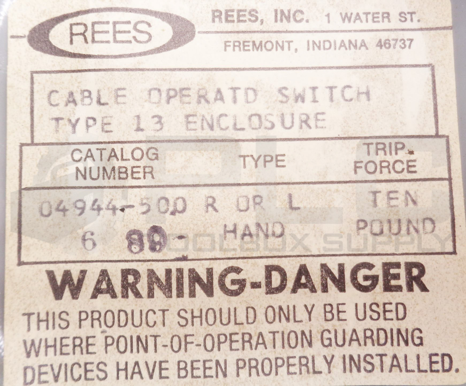 REES 04944-500 SAFETY SWITCH CABLE OPERATED