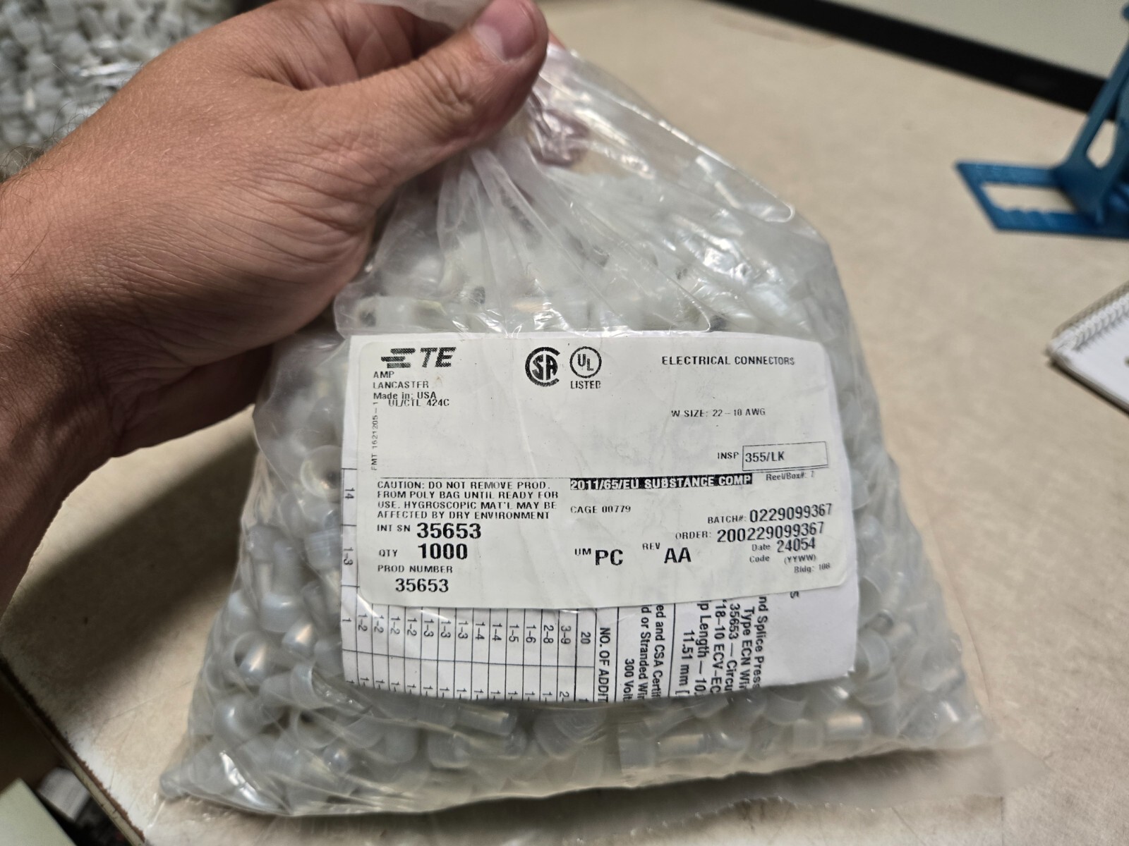 bag of 1000 AMP 35653 Crimp Cap Terminal Butt Splice Wire Connectors 10 – 22 GA