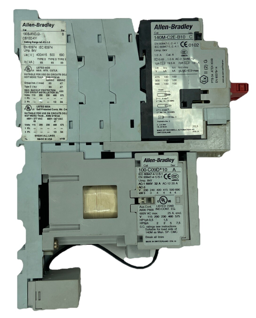 Used Allen Bradley Assembly 190S-ANDJ2-CB10C-KY, 140M-CE-B10, 100-C09D*10,138876