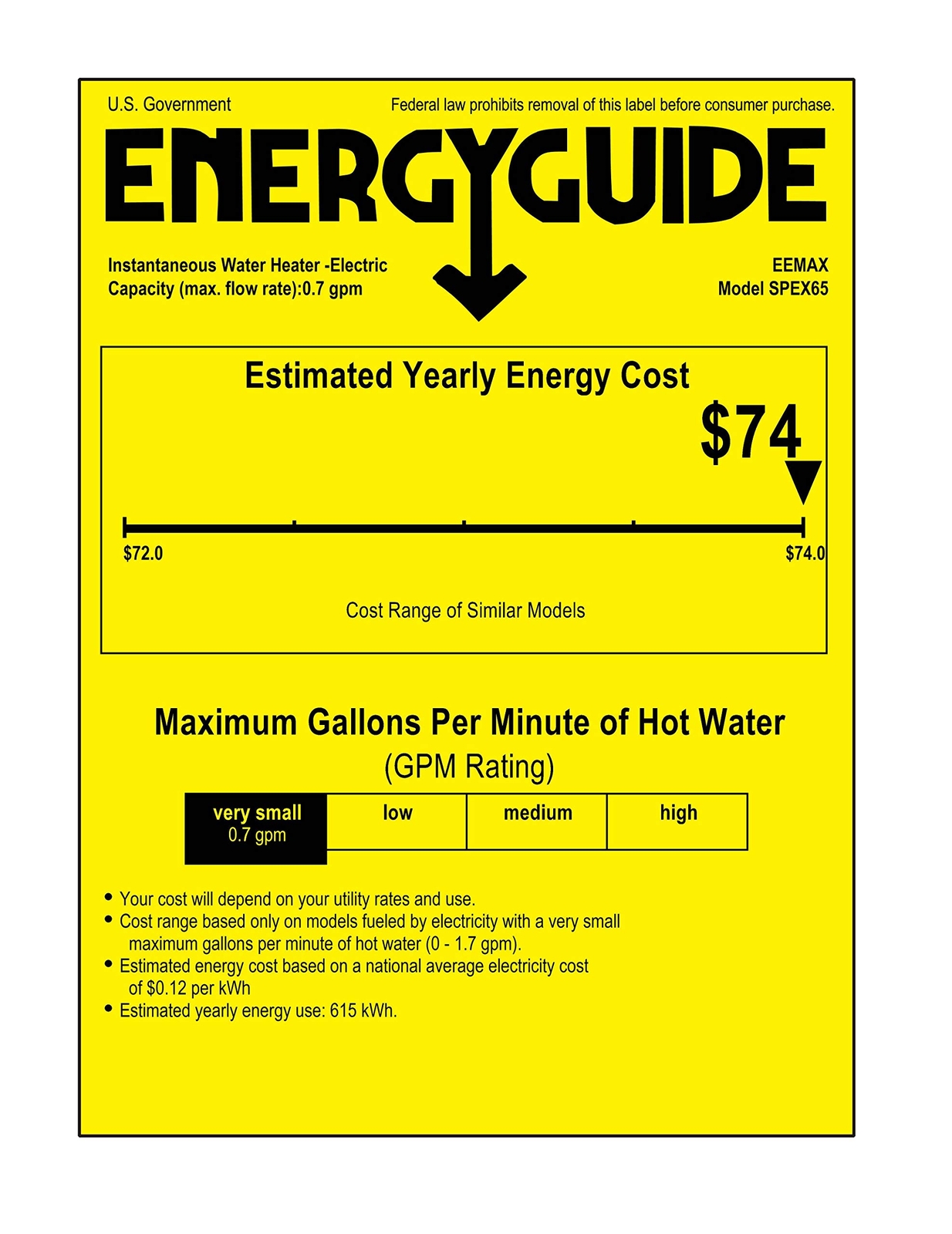 Eemax SPEX65 FlowCo Tankless Electric Water Heater White
