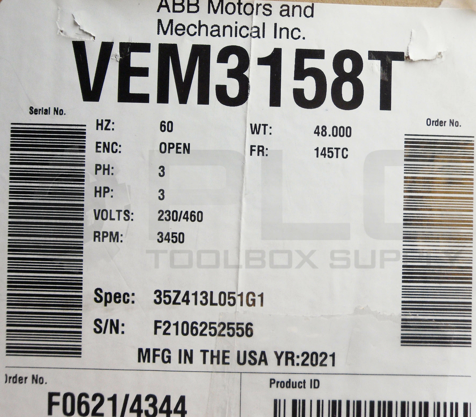 NEW BALDOR VEM3158T SUPER E MOTOR SPEC 35Z413L051G1 HP 3 230/460V RPM 3450