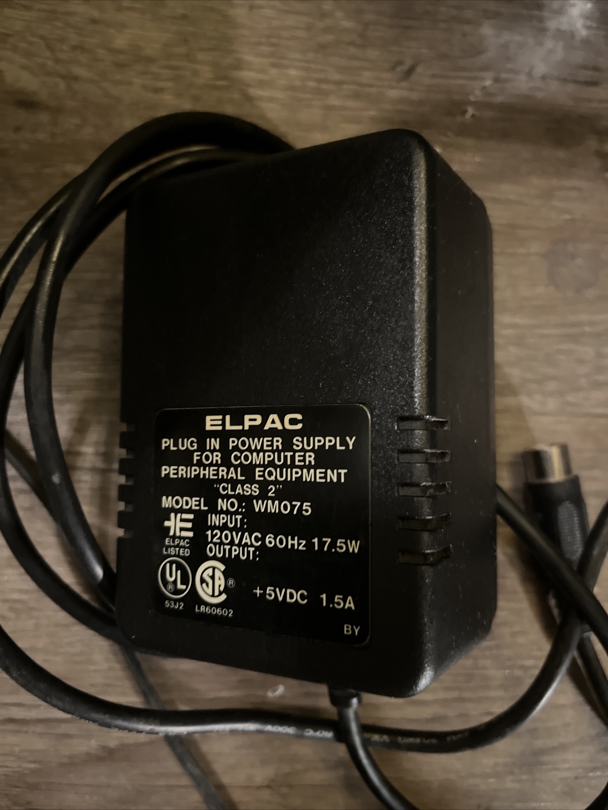 Elpac Class 2 Power Supply – Model NO: WM075 – Input: 120VAC 60Hz 17.5W