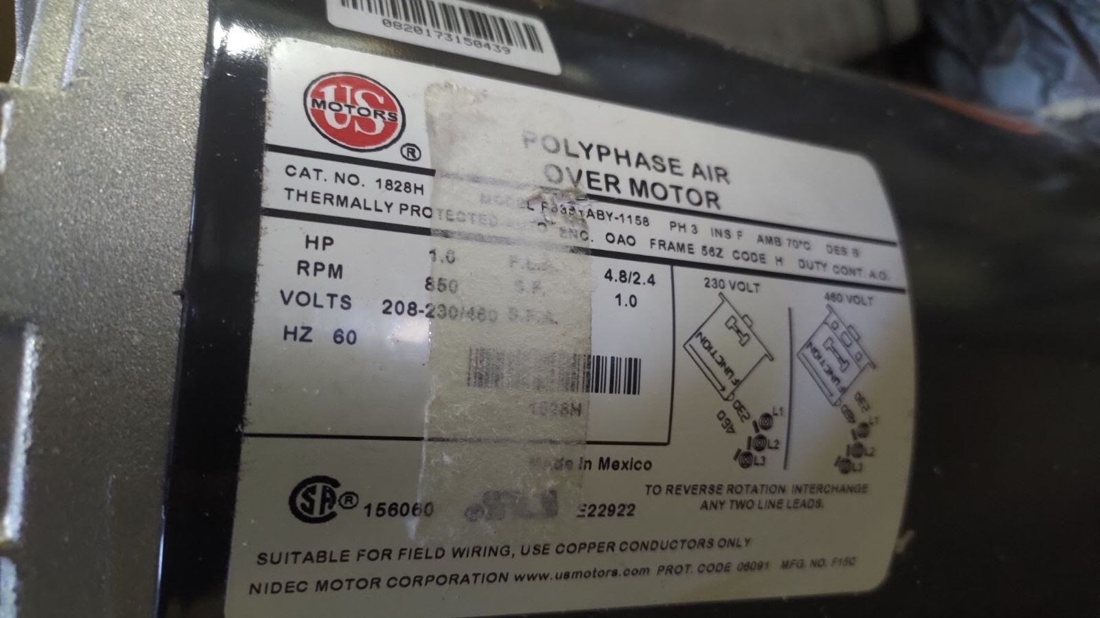 US Motors 1828H Polyphase Air Over Motor P63SYABY-1158 850 RPM 208-230/460 VAC