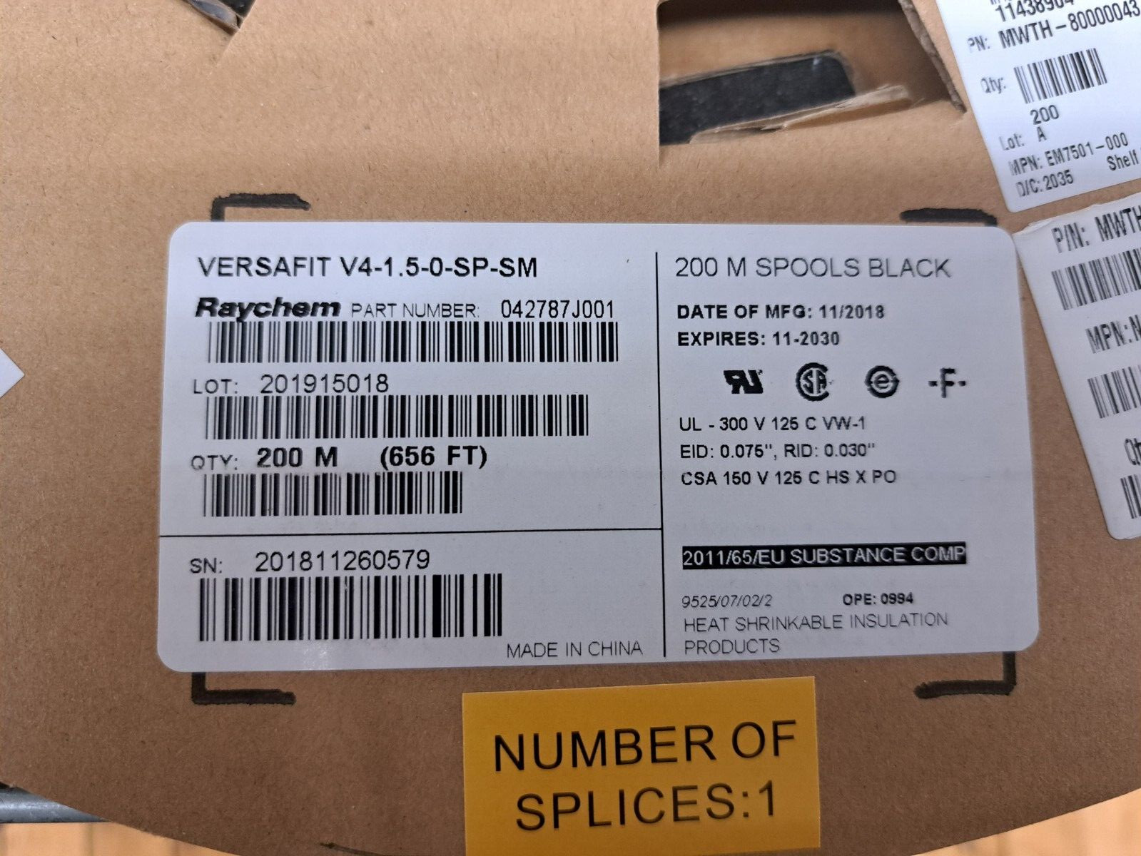 New, TE Connectivity, V4-1.5-0-SP-SM, HEATSHRINK 0.075″ BLACK- 200 meter reel