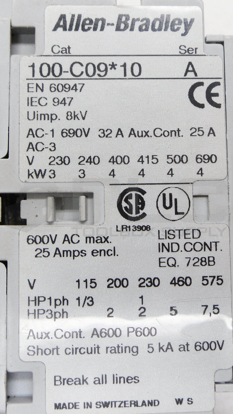 ALLEN BRADLEY 100-C09*10 /A CONTACTOR 600VAC 25A W/ 193-EA1DB /A OVERLOAD RELAY