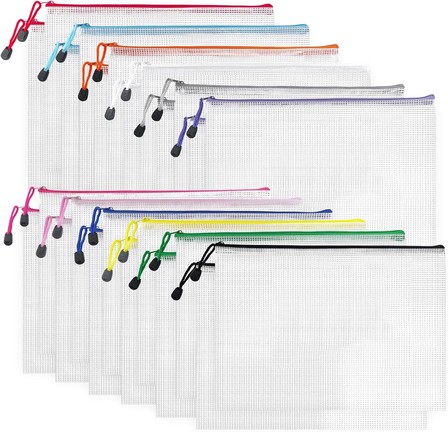 24Pcs Zipper File Bags, 13.3”x9.4” Plastic Mesh Pouch Assorted Color