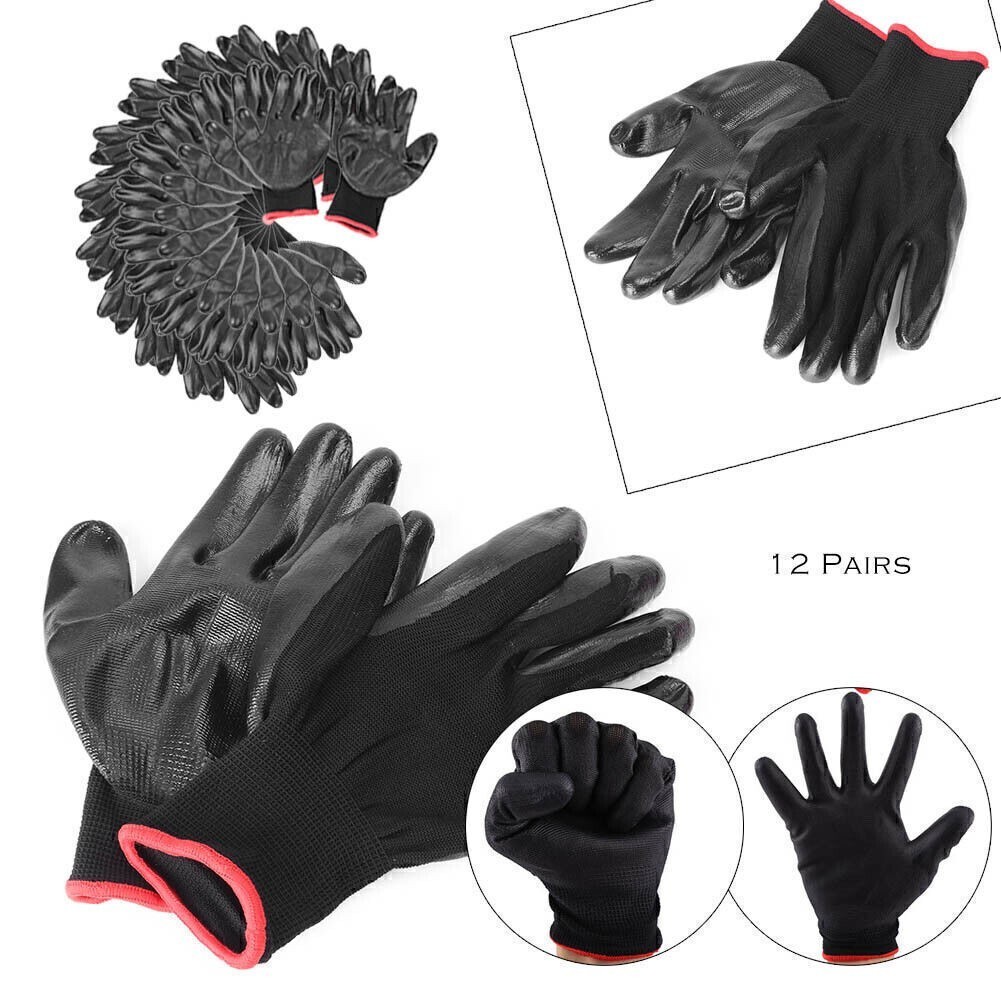 12 Pairs Nylon PU Safety Coating Working Gloves Builders Grip Palm Protective