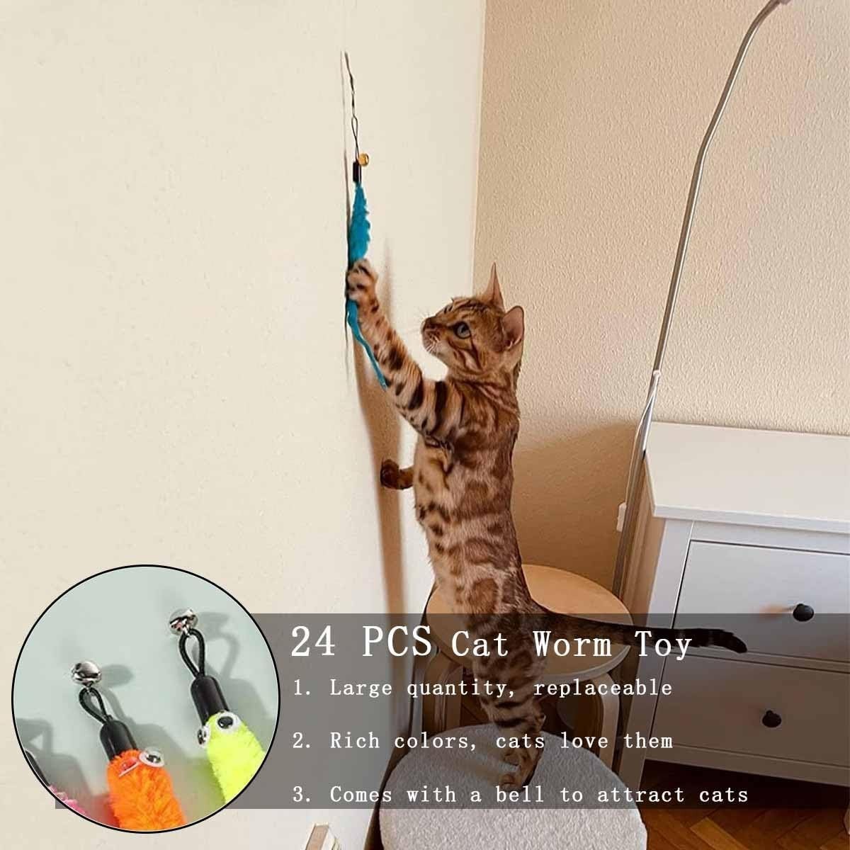 24-PCS Cat Worm Toy Refills Cat Wand Feather Teaser Refills Attachment