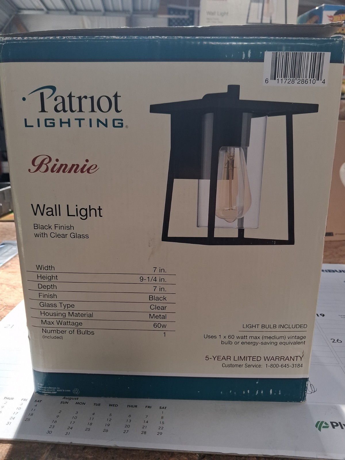 Patriot 356-3410 Wall Light Black Finish Clear Glass- Binnie-NEW –
