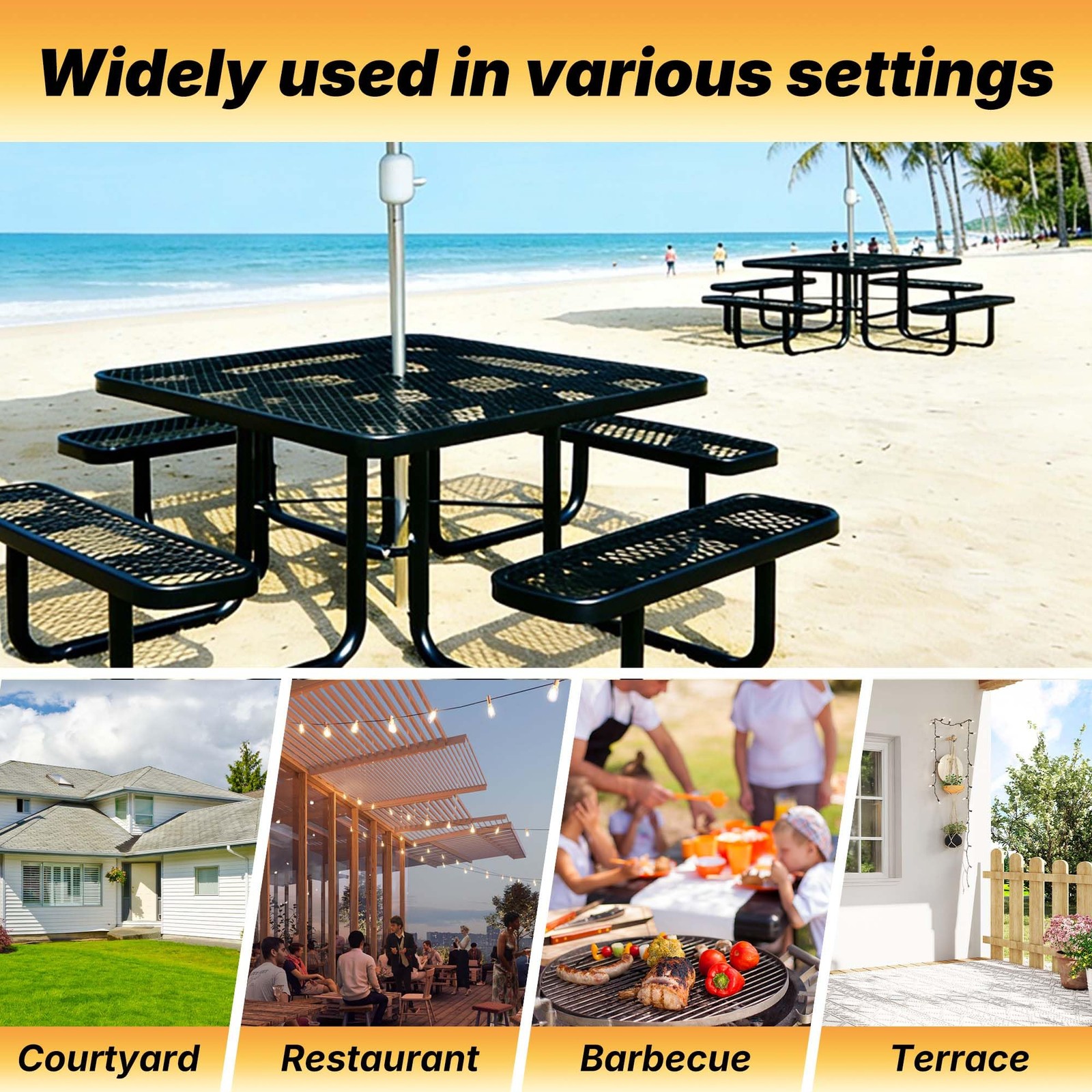 LAUCO Square Picnic Table, Expanded Metal, Black Thermoplastic Coating 1000 lb