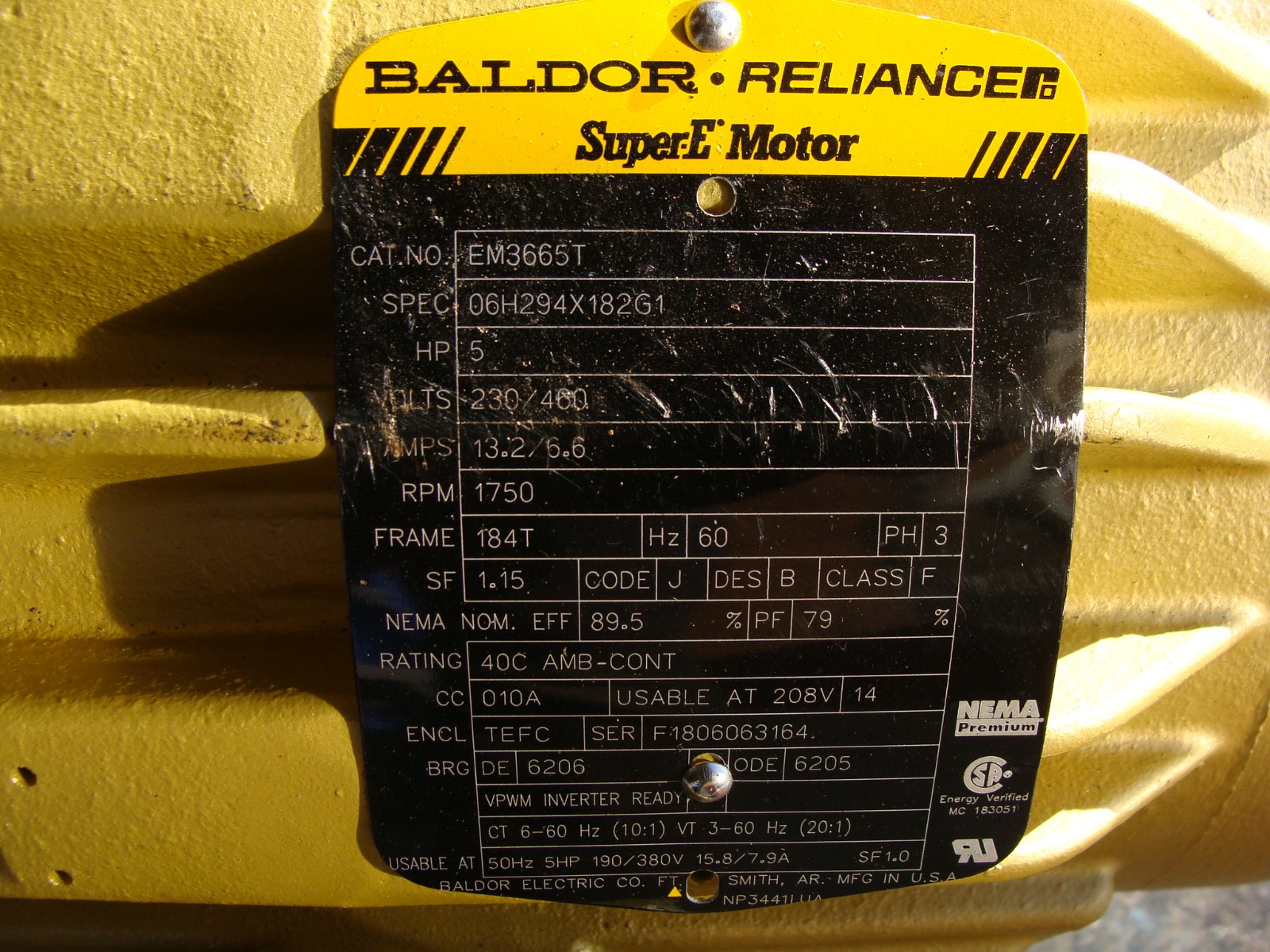 BALDOR ELECTRIC MOTOR EM3665T 5HP 230/460V 13.2/6.6A 1750RPM 3PH