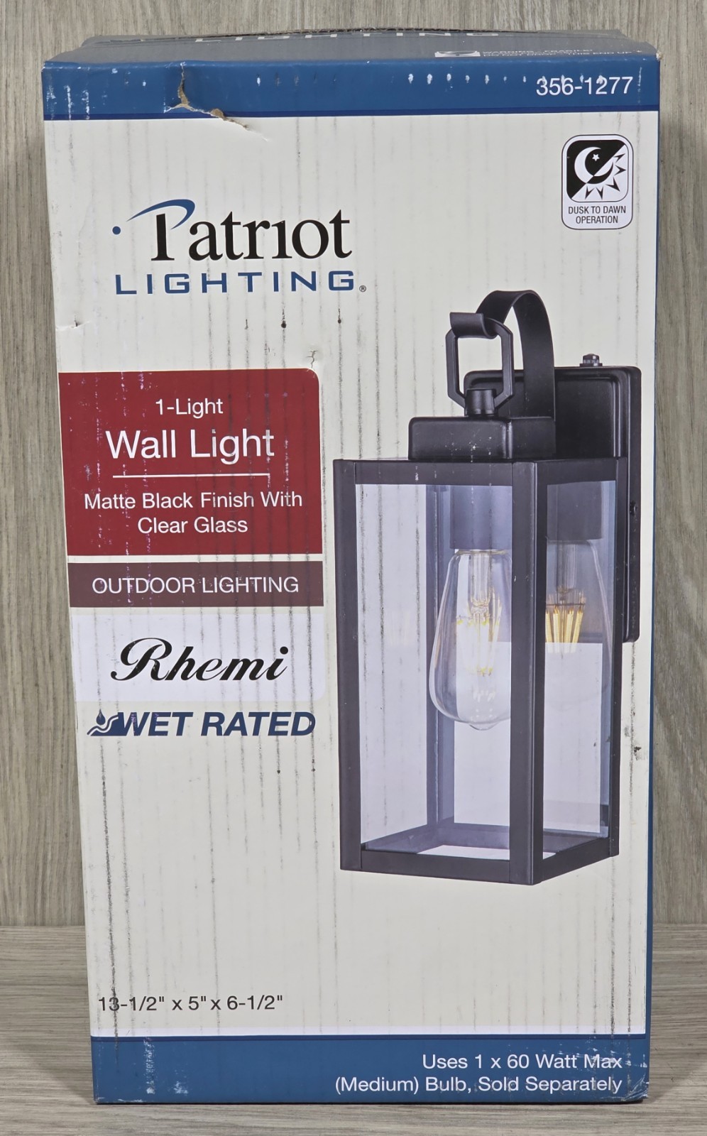 Patriot 356-1277 Wall Light Wet Rated Matte Black Finish Clear Glass – NEW –
