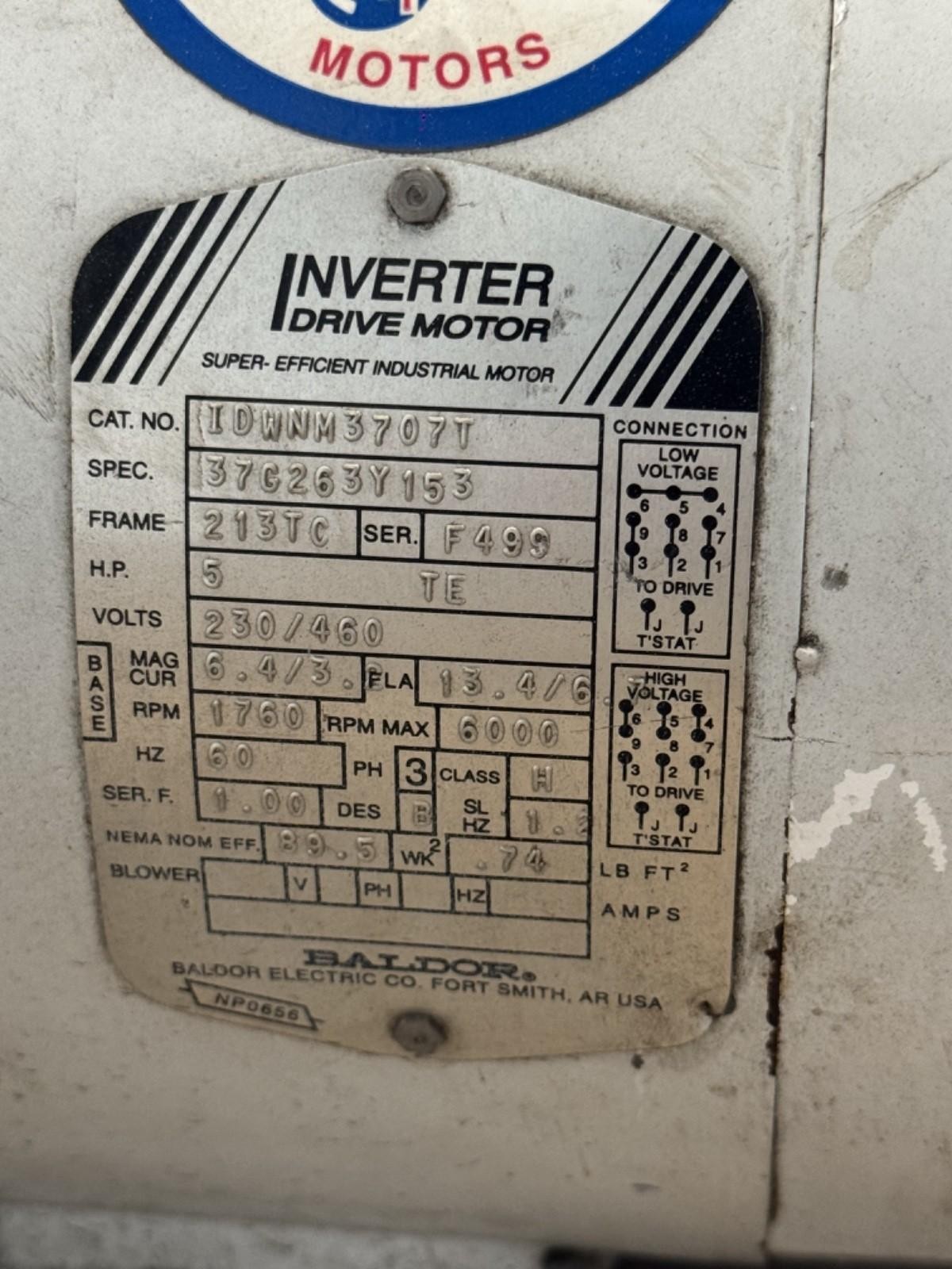 BALDOR INVERTER DRIVE MOTOR 37G263Y153 5HP 230/460V 6.4/3.2A 1760PM 3PH