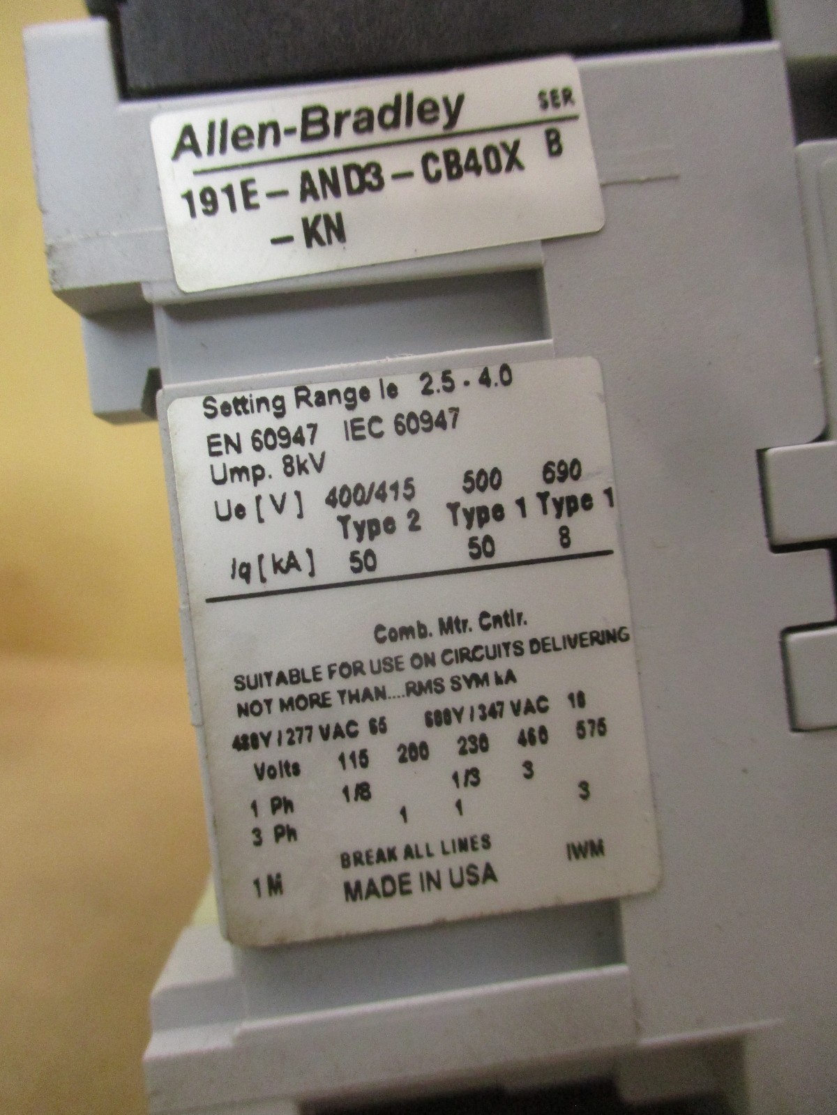 New Open Box Allen-Bradley 191E-AND3-CB40X-KN Contactor 100-C09 53084NADC