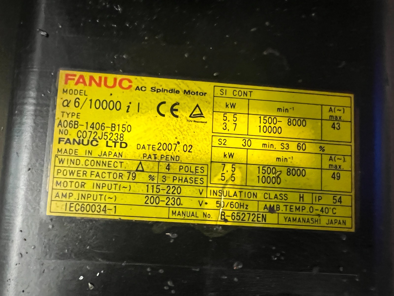 Fanuc #A06B-1406-B150 AC Spindle Motor – Damaged Electrical Box
