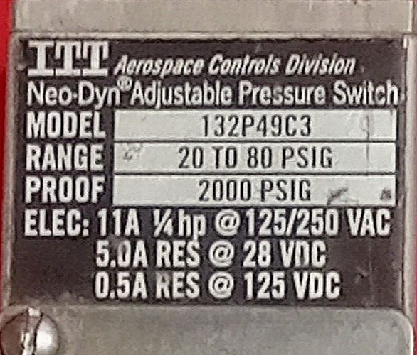 ITT AEROSPACE CONTROLS DIVISION NEO-DYN ADJUSTABLE PRESSURE SWITCH 132P49C3