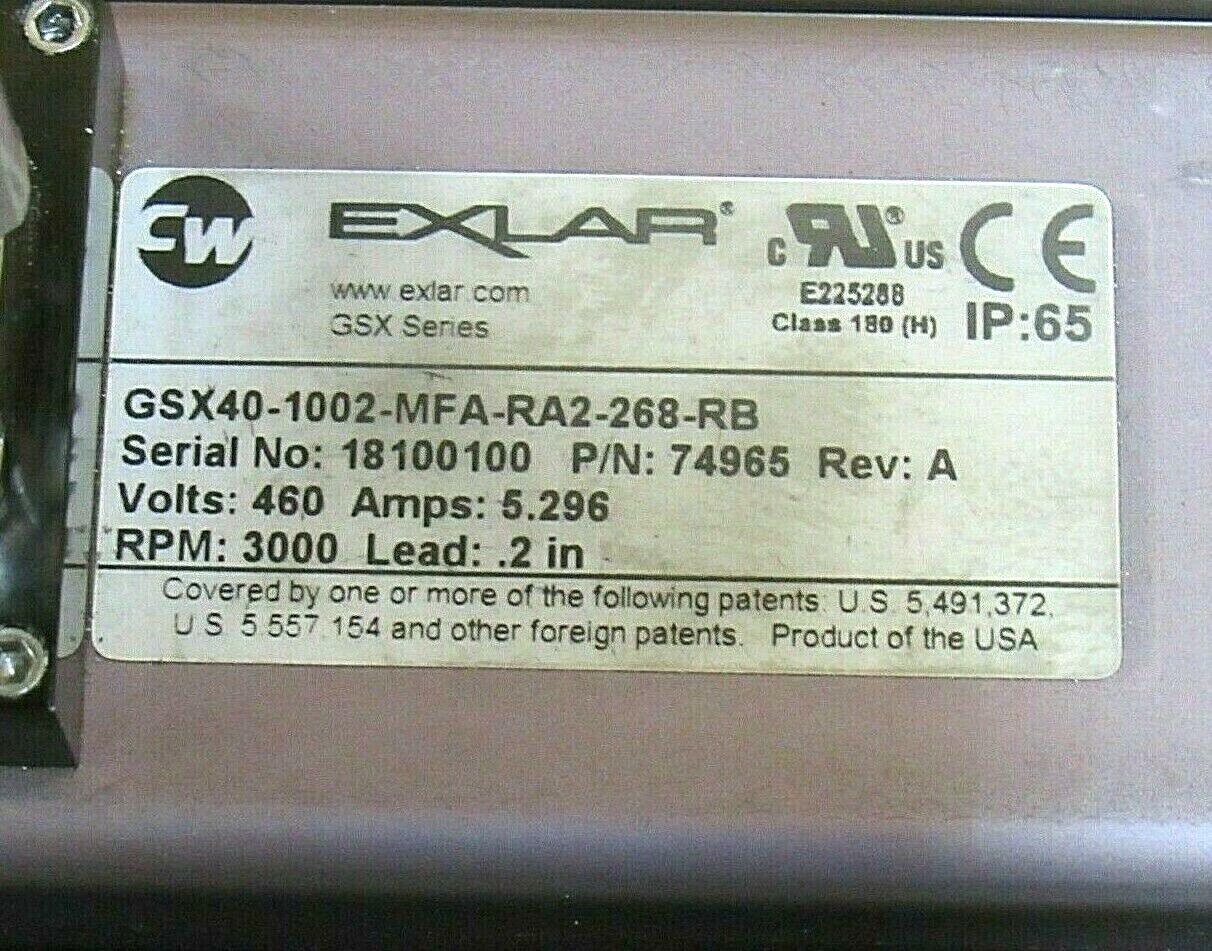 EXLAR LINEAR ACTUATOR GSX40-1002-MFA-RA2-268-RB 74965 460V 3000RPM REV A – USED